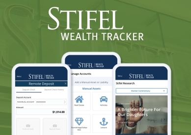 Stifel Wealth Tracker; Image of 3 cell phones with the wealth tracker features on them.